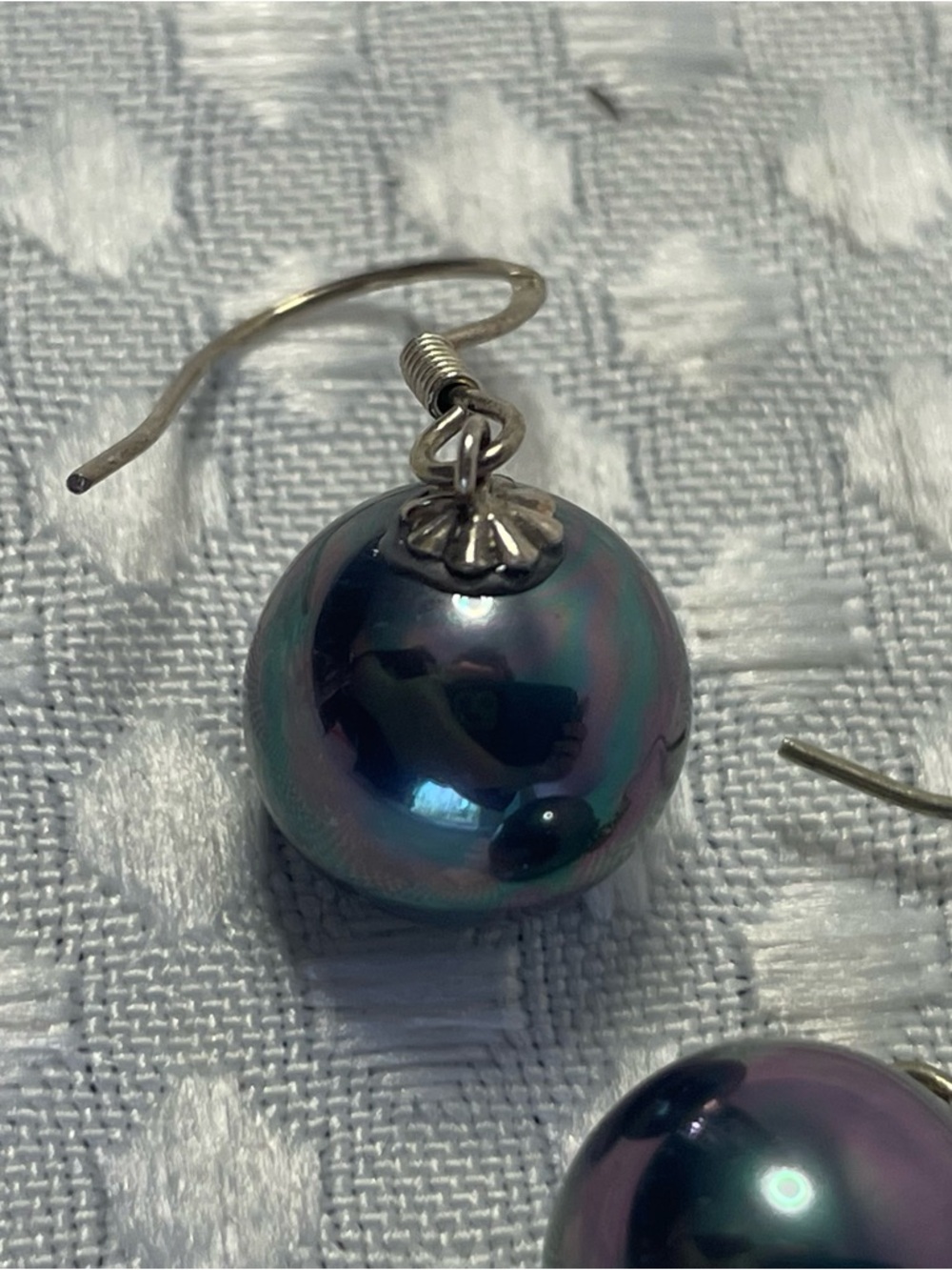 Sterling Silver Synthetic Iridescent Peacock Black Pearl Dangle‎ Earrings #663 - Picture 2 of 3